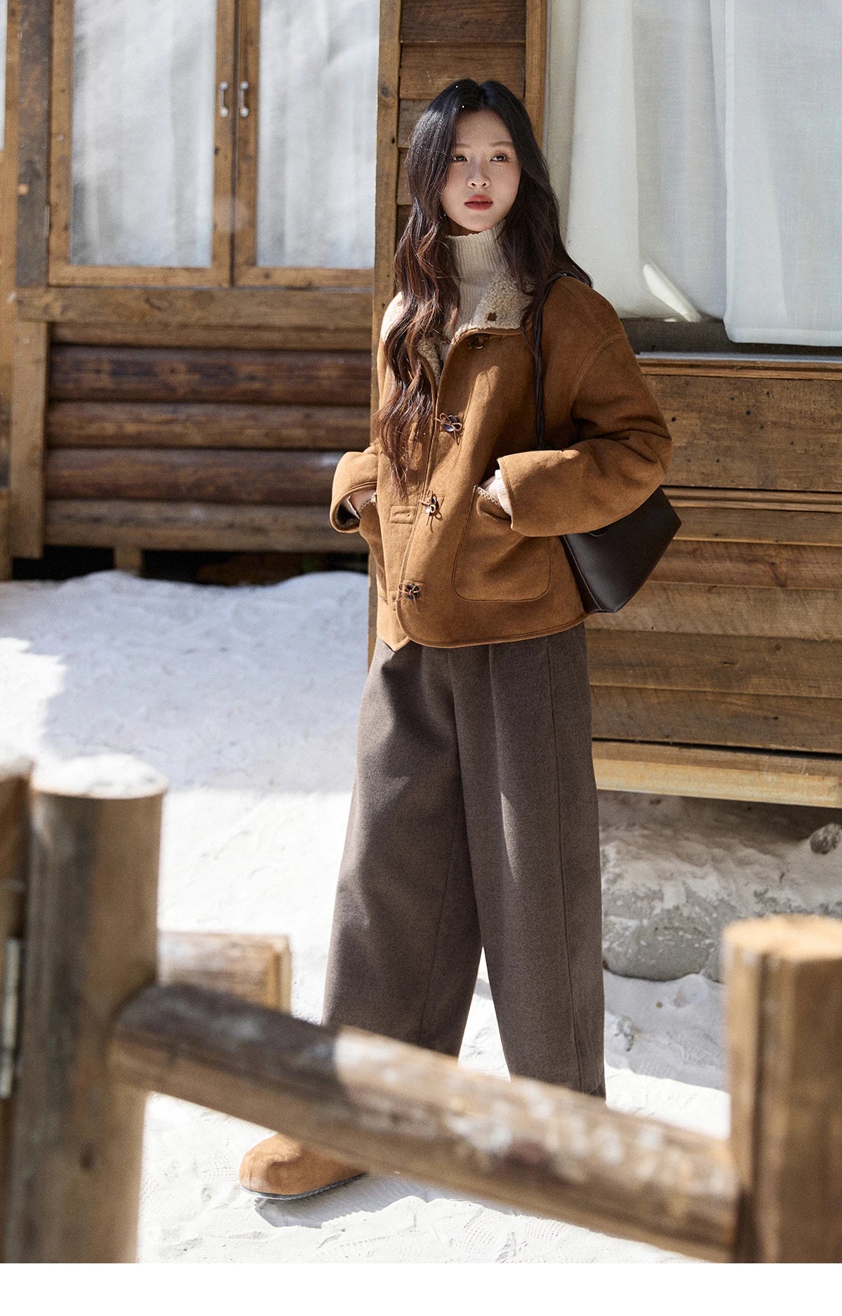 MISHOW Women's Brown Reversible Shearling Coat 2025 Winter Suede Polka Dot Lapel Coats Fleece Thick Warm Short Jacket MXE93W1012