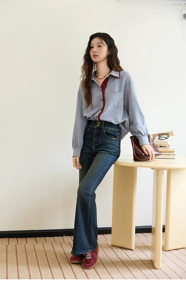 MISHOW Striped Shirt for Women Autumn 2025 Blue Red Splicing Contrasting Color Shirts Laple Loose Retro Commute Top MXE46C2405