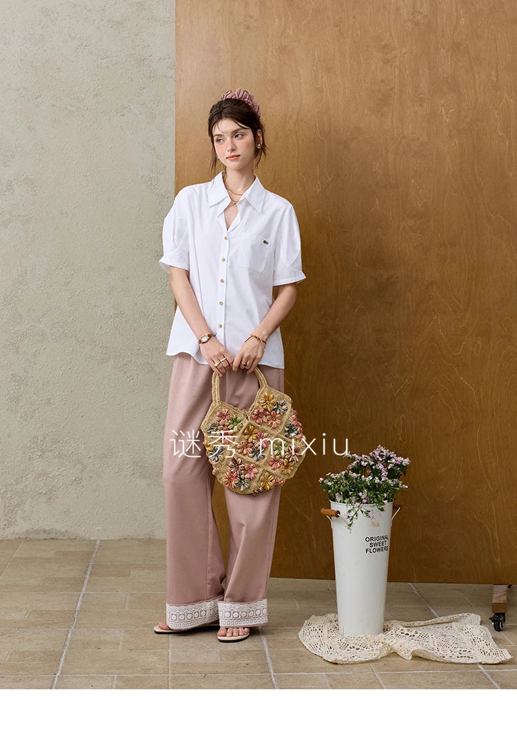 MISHOW New French Summer Shirts for Women New 2025 Short Sleeve Turn-down Collar Solid Slimming Blouses Lady Gentle MXE33C0778