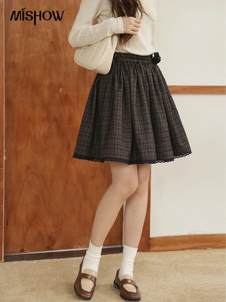 MISHOW Green Plaid Short Skirt Autumn Handmade Flower Tie Brushed Fabric Skirt Elastic Waist Hem Splic Lace Skirts MXE44B2407