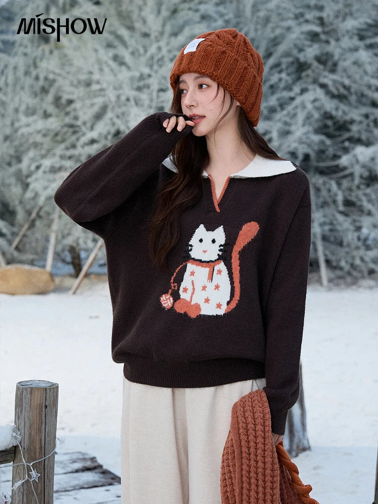 MISHOW Women's Retro Arctic Fleece Cat Sweater 2025 Autumn Winter Color Block Lapel 3D Jacquard Thick Knitted Top MXE90Z2835