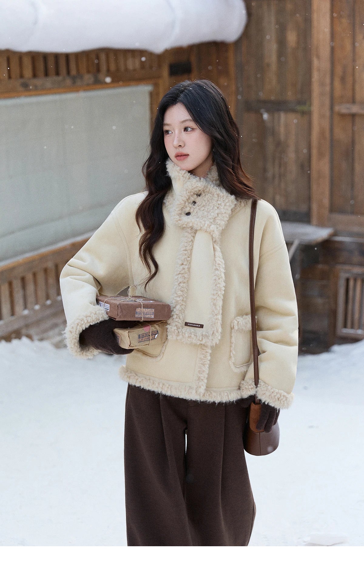 MISHOW Women's Cream Yellow Faux Suede Coat 2025 Winter Included Scarf Thickened Coats Soft Fleece Lined Outerwear MXE91W1019