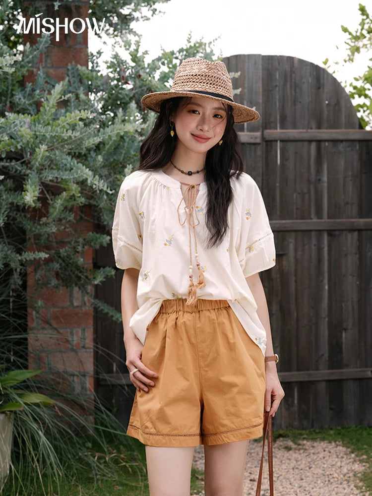 MISHOW Women Two-Piece Set 2025 Summer Puff Sleeve Lace Up Top Hollow Lace Spliced Elastic Waist Shorts Ladies Set MXE38T0684