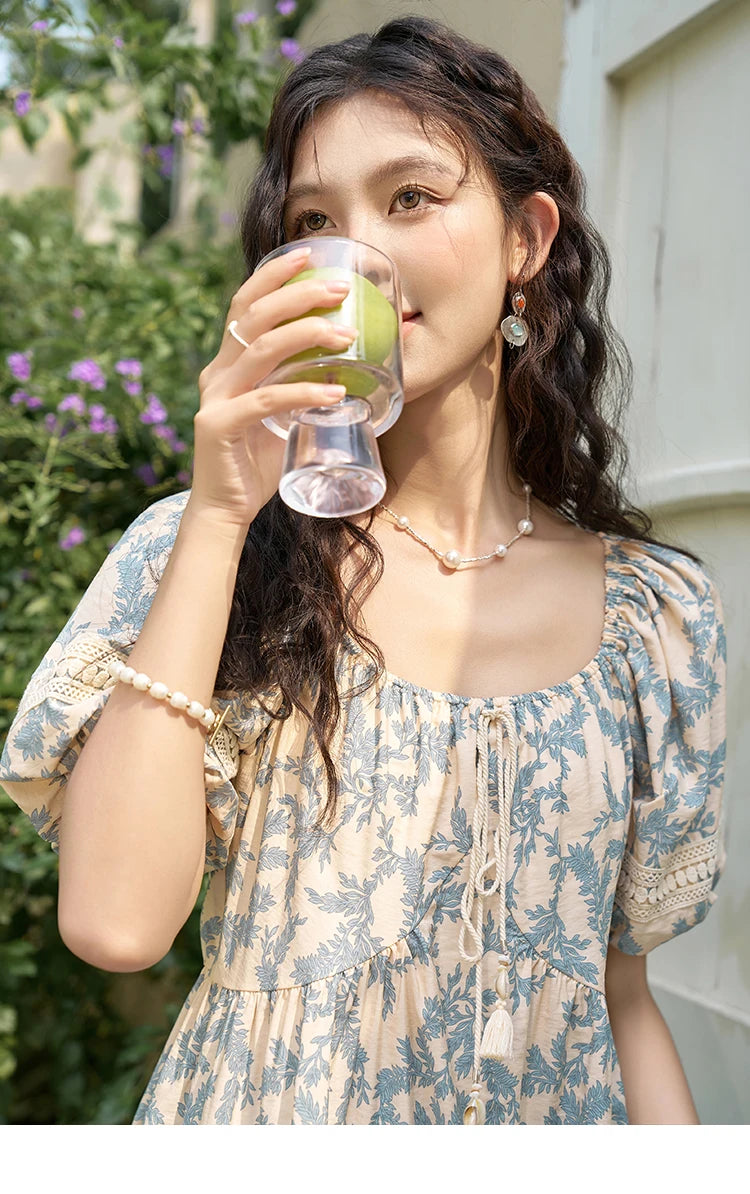 MISHOW French Floral Printing Dress for Women 2024 Summer Vacation U Neck Lace-up Bubble Sleeve Loose Doll Dresses MXD27L1898