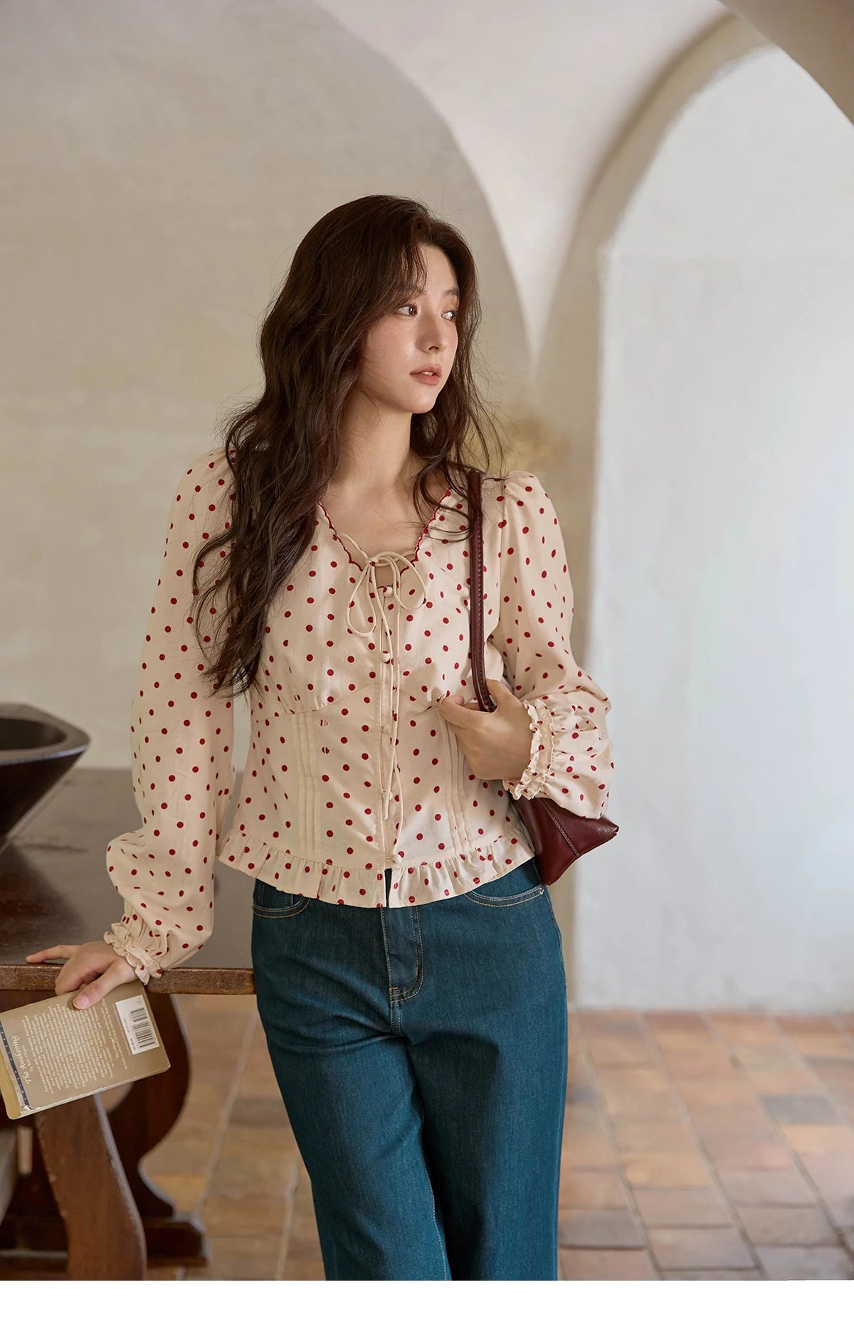MISHOW Apricot Bottom Red Polka Dot Shirt for Women Autumn 2025 Korean Ruffled Edges Shirts V-neck Lace-up Sweet Top MXE42X1971