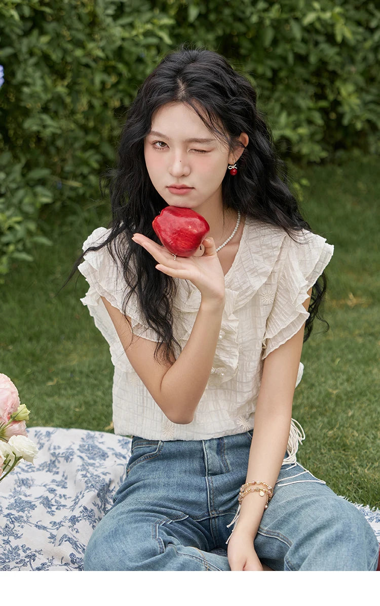 MISHOW Chinese Retro Button Up Blouse for Women 2024 Summer Flying Sleeve Chiffon Embroidery V-Neck Top with Camisole MXD21X1374