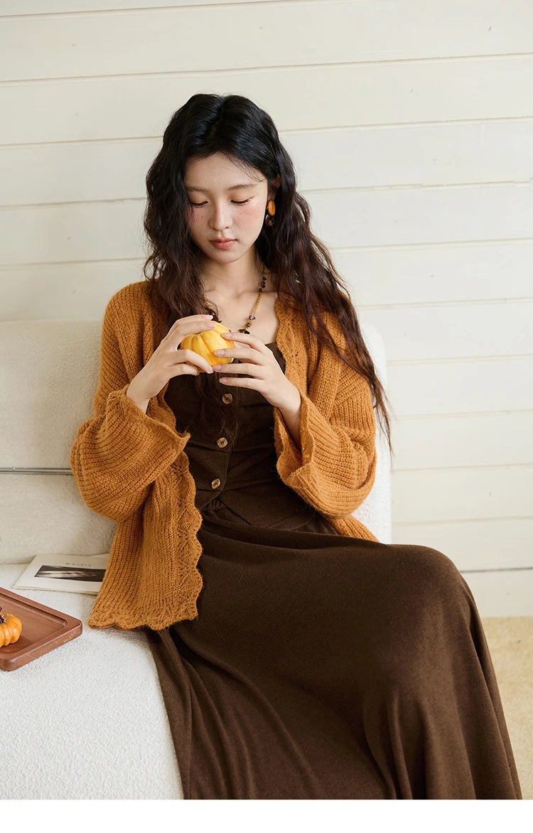 MISHOW Camisole Skirt Suit 2025 Retro Dark Brown Pleated Design Tank Top A-line Skirt  Autumn Women's Clothing Set MXE46T1378