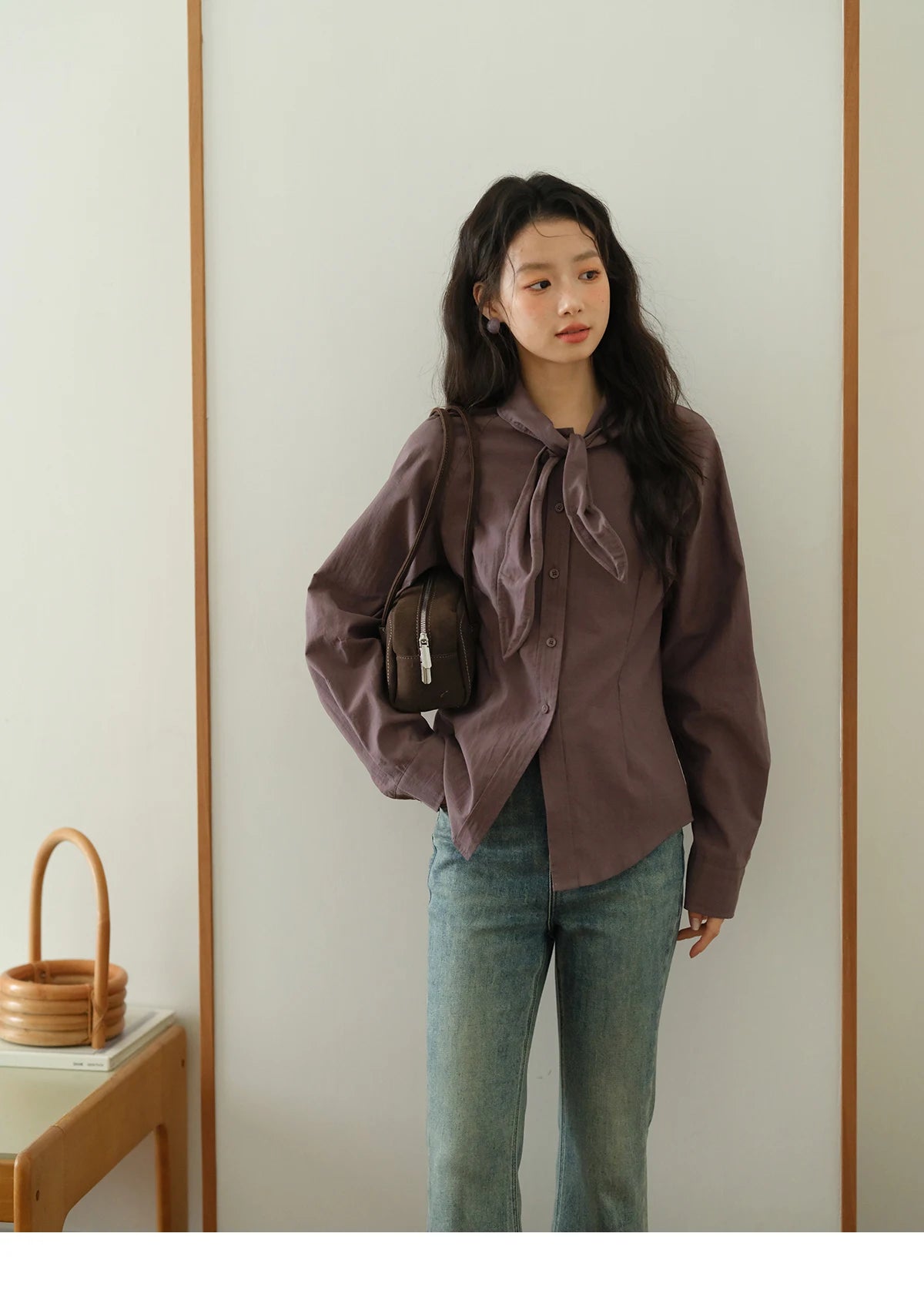 MISHOW Ash Purple Shirt Curved Hem Ribbon Neck Slim MXE42C2383