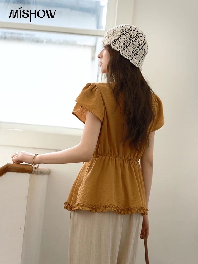 MISHOW Women's Petal Sleeve Slim Shirt 2025 Summer New V-neck Button Bead belt Black Fungus Edge Top Ladies Clothing MXE39X1881