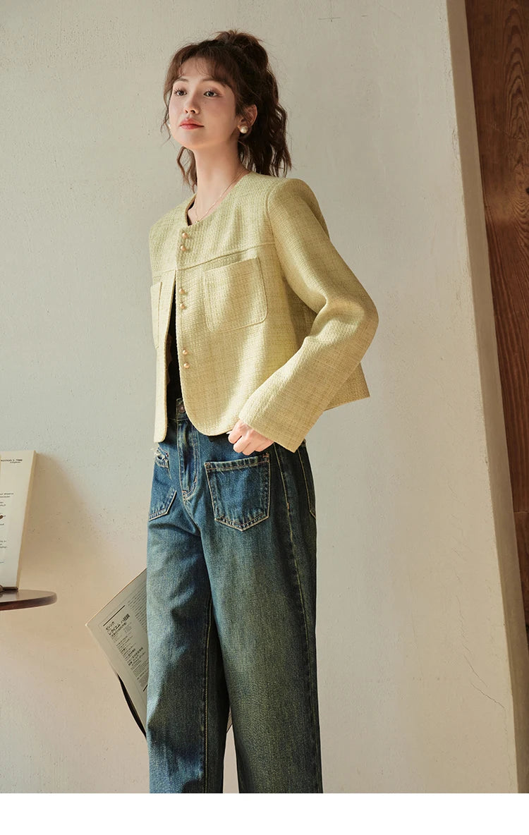 MISHOW Retro Round Neck Coats for Women Spring Autumn Pockets Loose Gold Button Single Breasted Solid Short Jackets MXC44W0072