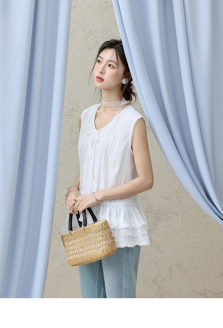 MISHOW Versatile Summer Vest Women 2025 New Solid V-neck Lace Cake Hem Sleeveless Vests Female Fashion Straight Tops MXE31X1779