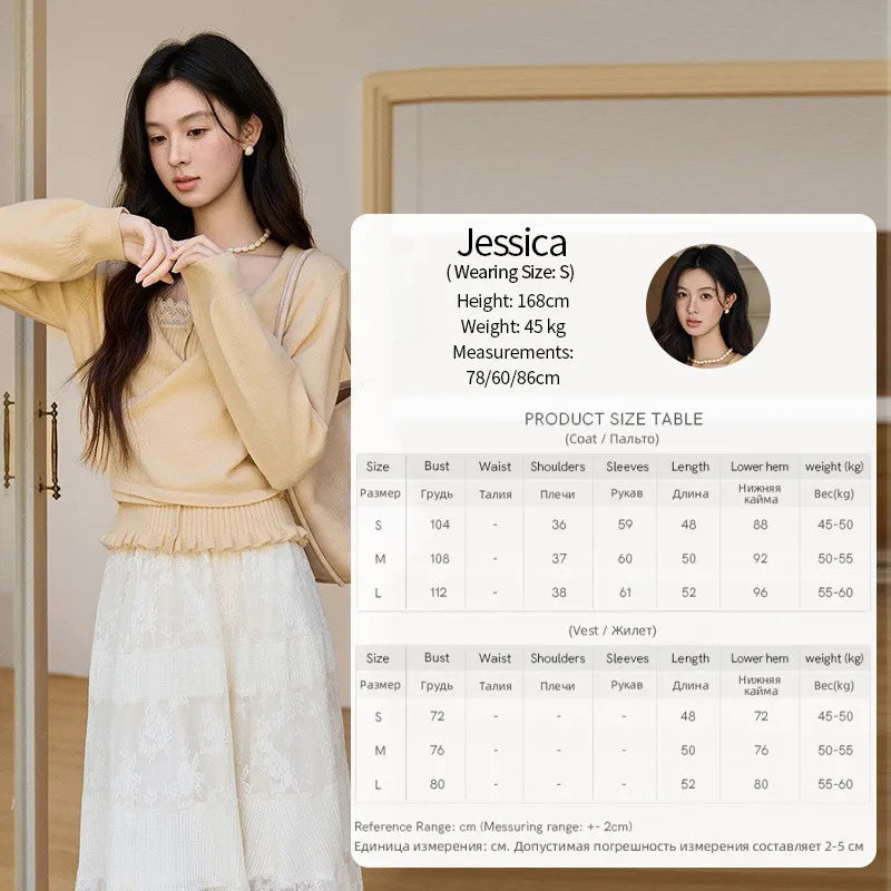 MISHOW Women's Yellow Two-Piece Set 2026 Spring Ruffled Hem Camisole Lace Trim Knitted Cardigan Casual Slim Outfit MXF11T1472