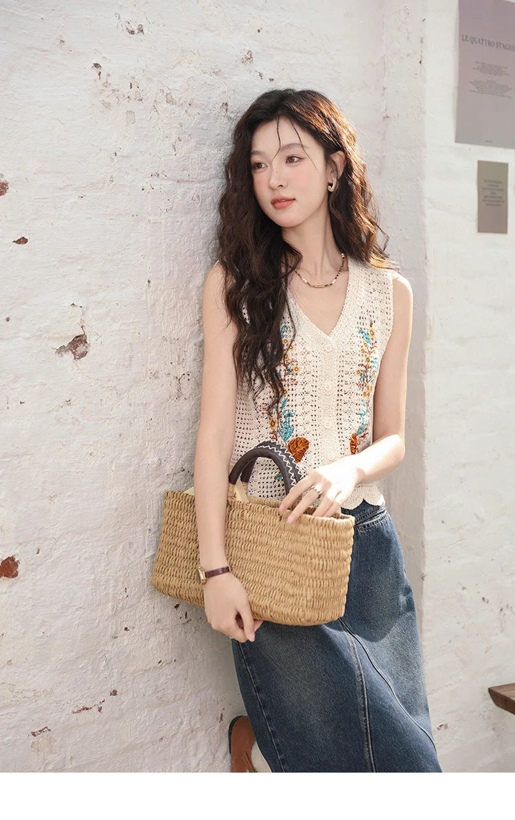 MISHOW Denim Fishtail Skirt 2024 Summer Retro Casual Love Embroidered Pockets Skirt A-line Umbrella Knee-Length Skirt MXD28B0414