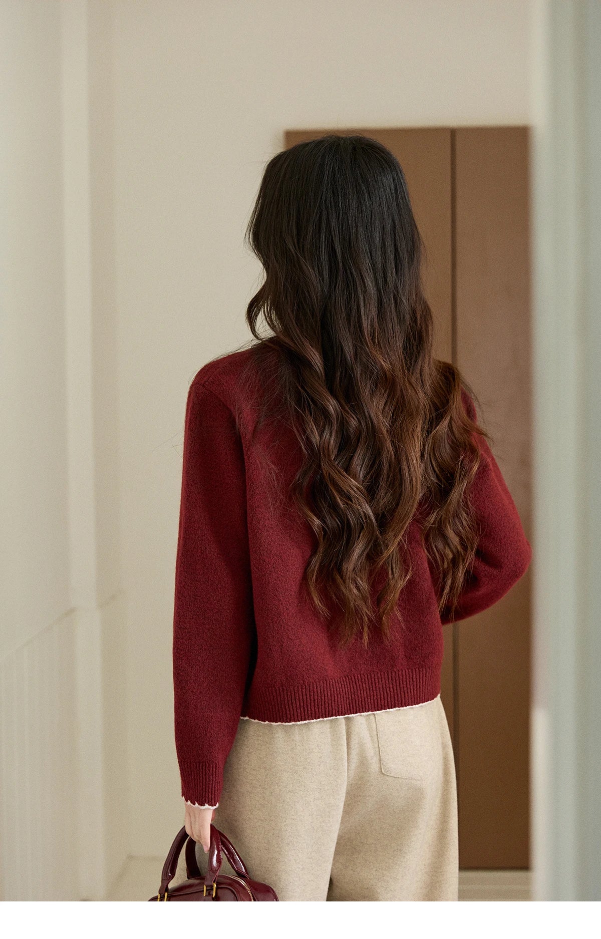 MISHOW Women's Burgundy Knitted Sweater 2025 Winter Poodle Pattern Ruffled Trim Crew Neck Sweater Warm Pullover Tops MXE93Z2949