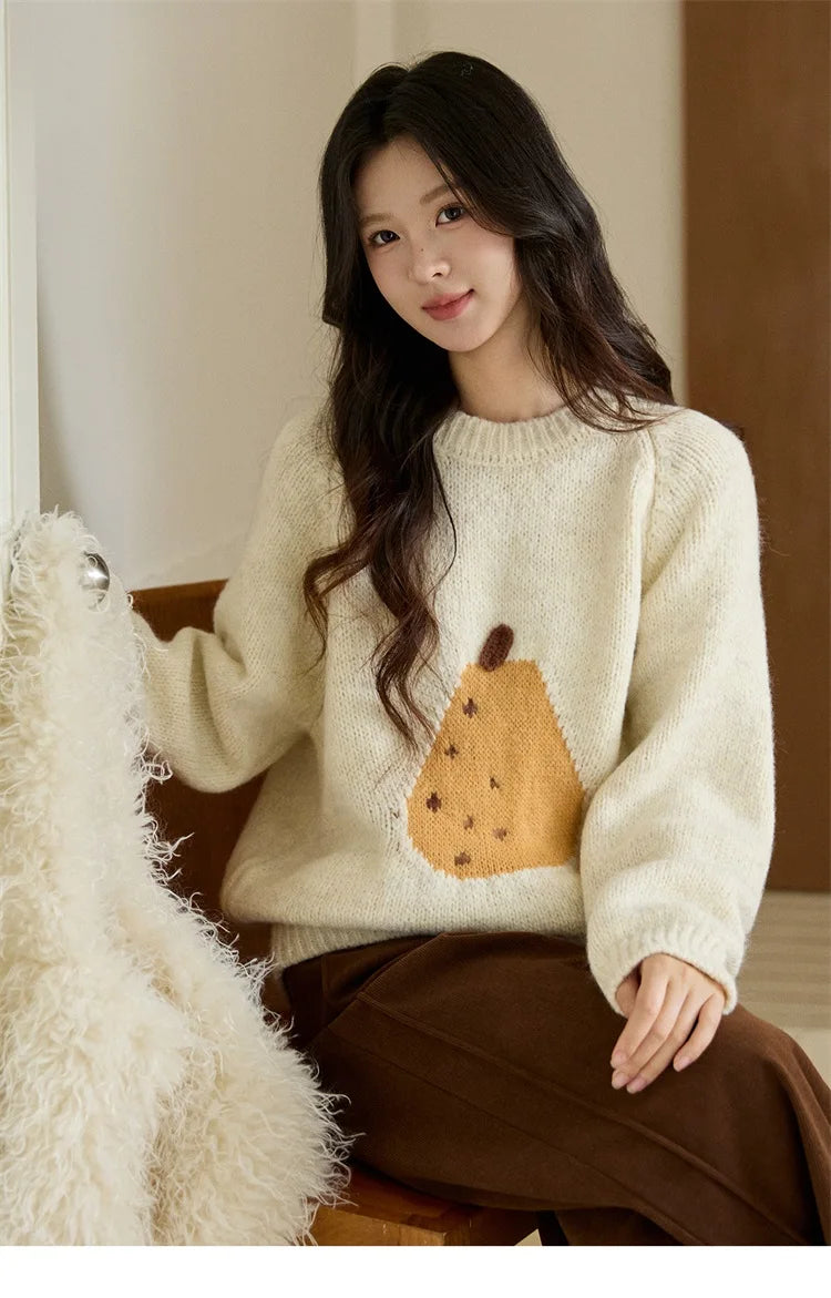 MISHOW Pear Pattern Jacquard Knitted Sweater Autumn Winter Crew Neck Loose Sweaters Wool Blend Warm Pullover Tops MXE94Z2959