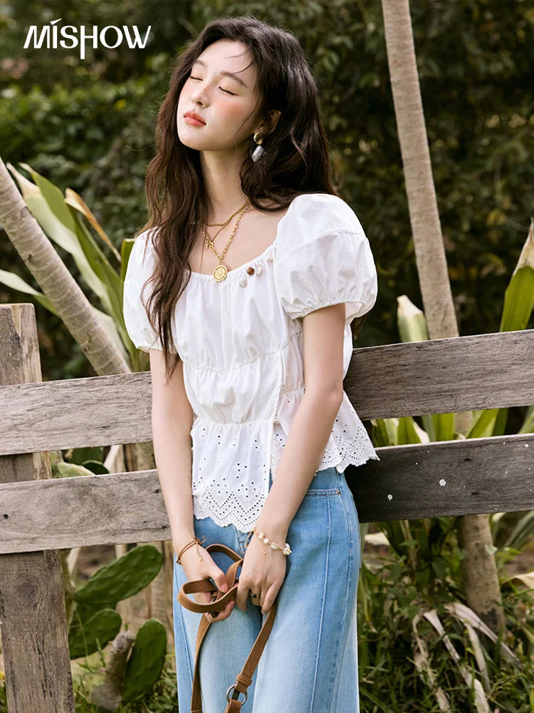 MISHOW French Summer Casual Blouses 2025 Solid Short Puff Sleeve Hem Hollow Cotton Tops Loose Collar Beading Blouse MXE33X1776