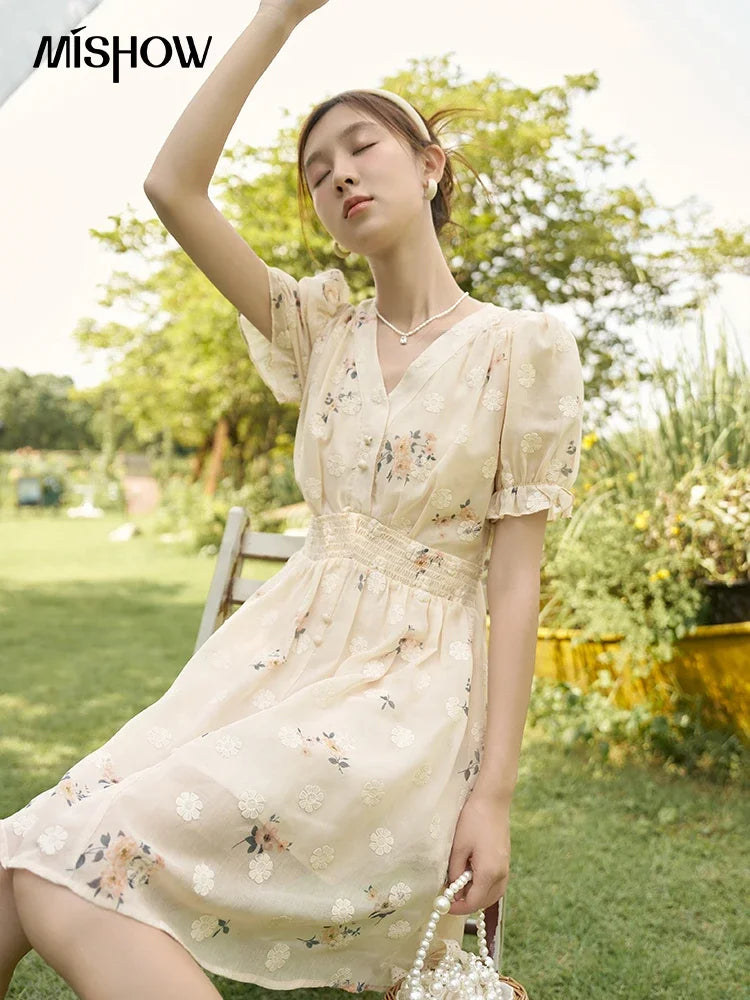 MISHOW Women's Chiffon Dress 2025 Summer French Elegant Floral Embroidered A-LINE V-Neck Sweet Knee-Length Dresses MXC38L1424