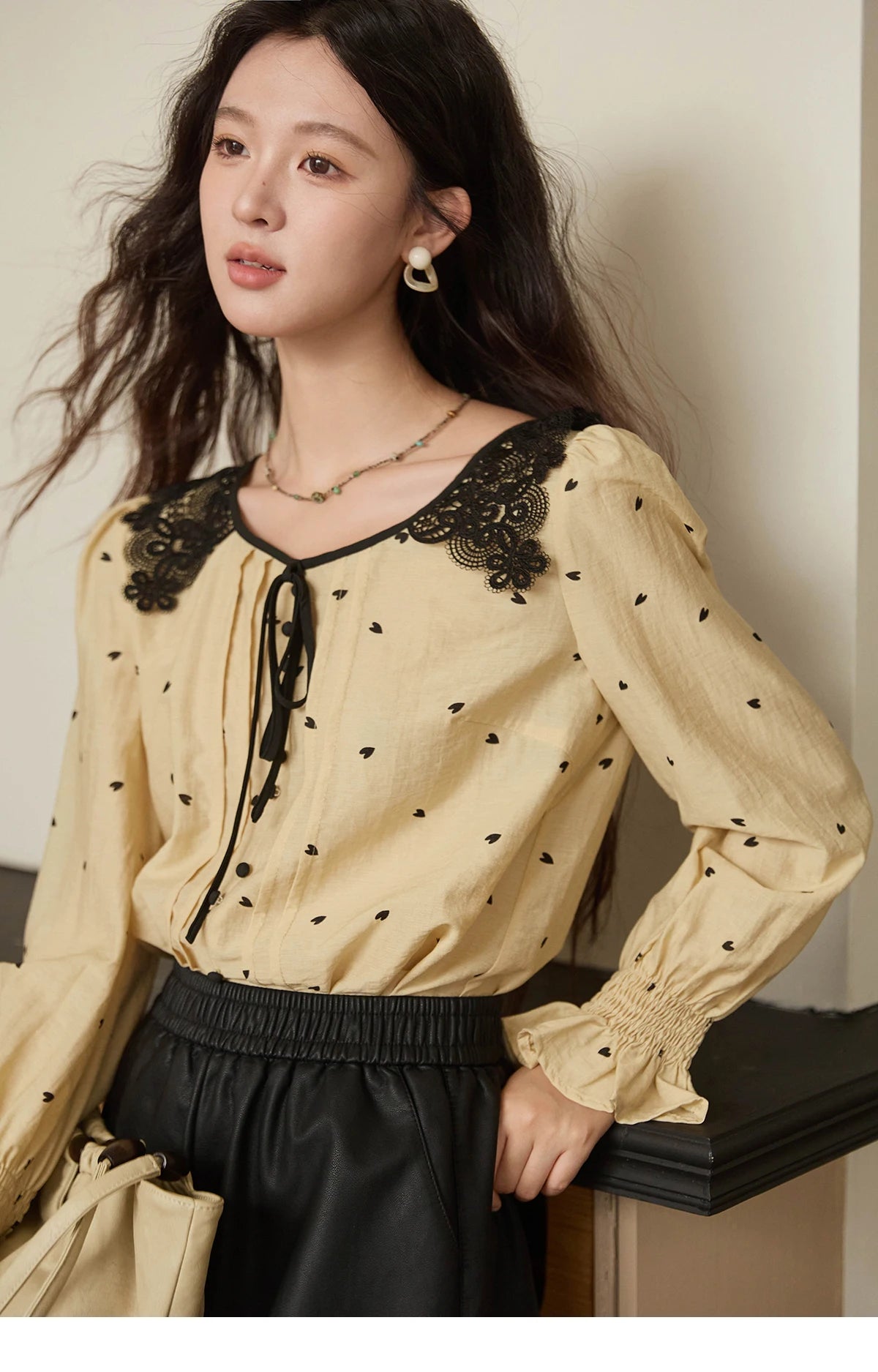 MISHOW Women's Yellow Heart Printed Shirt Autumn Lace Hollowed Out Collar Bubble Sleeve Top Lace-up Commuter Shirts MXE41X1949