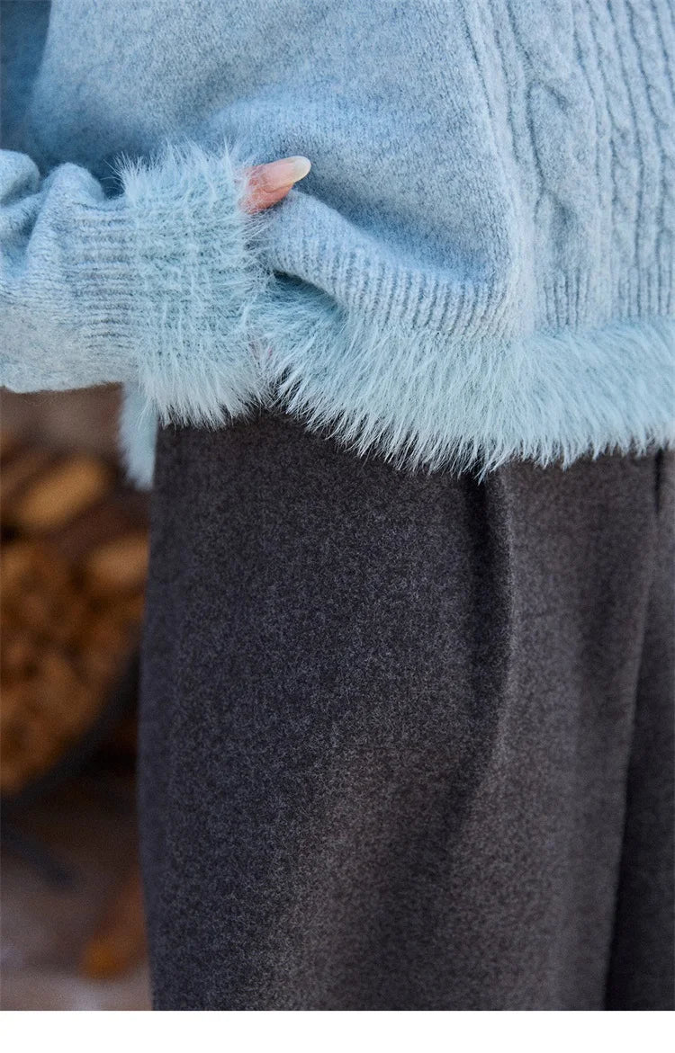 MISHOW Luxury Women's Sweaters 2025 Winter Blue Polo Collar Cable Knit Faux Mink Pullovers Loose Commute Tops Lady MXE88Z2756