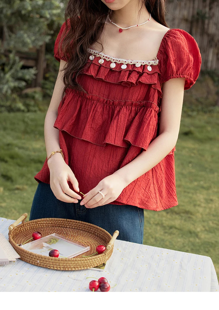 MISHOW French Summer Blouse Women New 2025 Short Sleeve Square Collar Cake Ribbon Shirts Female Fashion Slimming Tops MXE33X1763