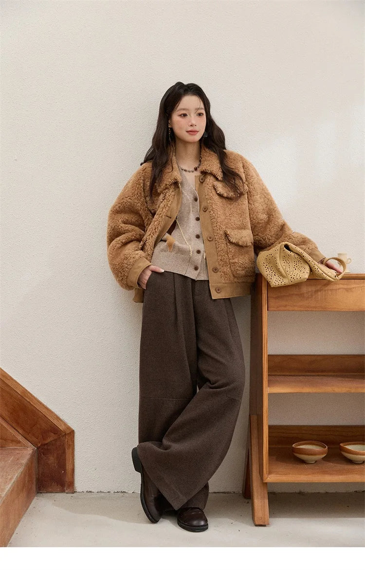 MISHOW Faux Lambskin Coat Women 2025 Winter Retro Turn-down Collar Brown Coat Office Lady Loose Warm Casual Jackets MXE89W0896