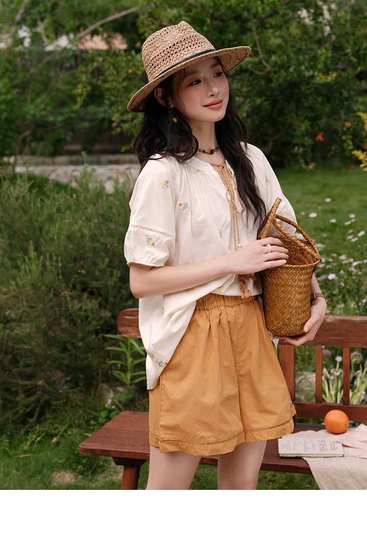 MISHOW Women Two-Piece Set 2025 Summer Puff Sleeve Lace Up Top Hollow Lace Spliced Elastic Waist Shorts Ladies Set MXE38T0684