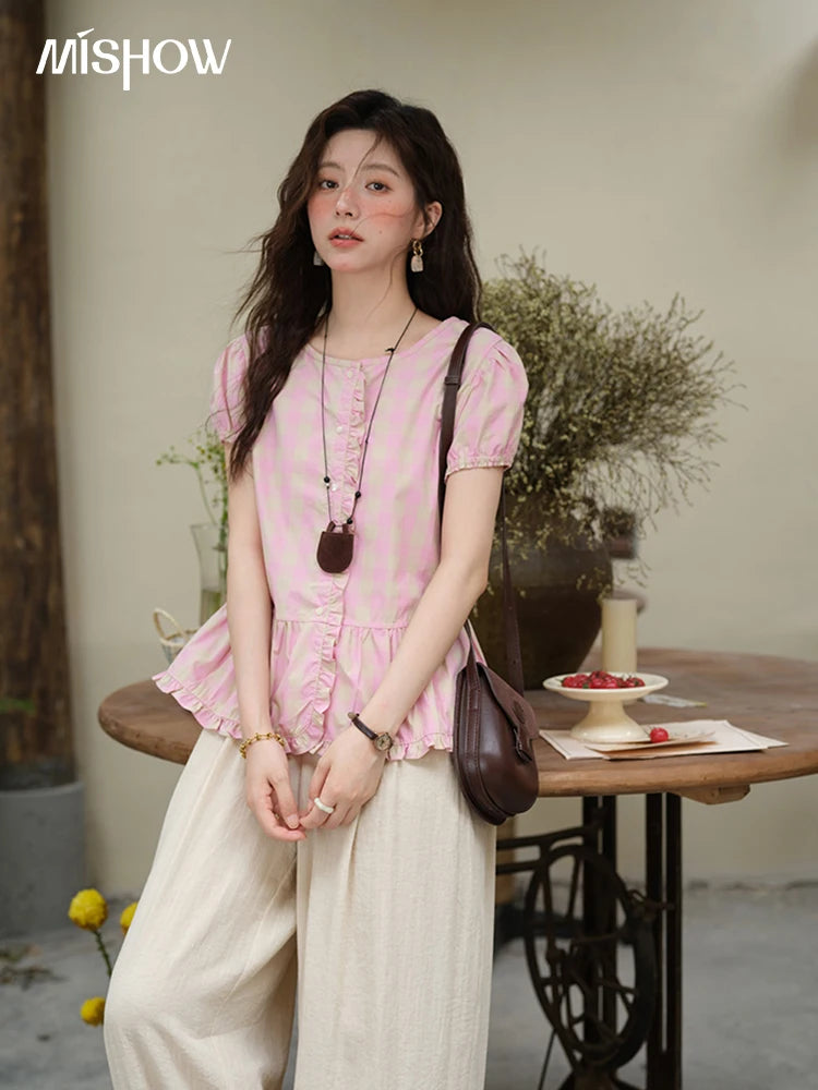 MISHOW Women's Puff Sleeve Plaid Button Shirt 2025 Summer New Fashion O-Neck Wood Ear Casual Shirt Cotton Pink Top MXE39X1932