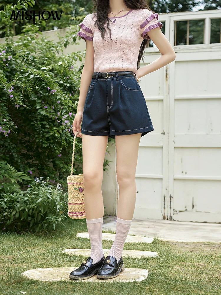 MISHOW 100 Cotton Pocket Embroidered Flower Denim Shorts for Women 2024 Summer Dark Blue Loose Casual Wide Leg Pants MXD26K0707