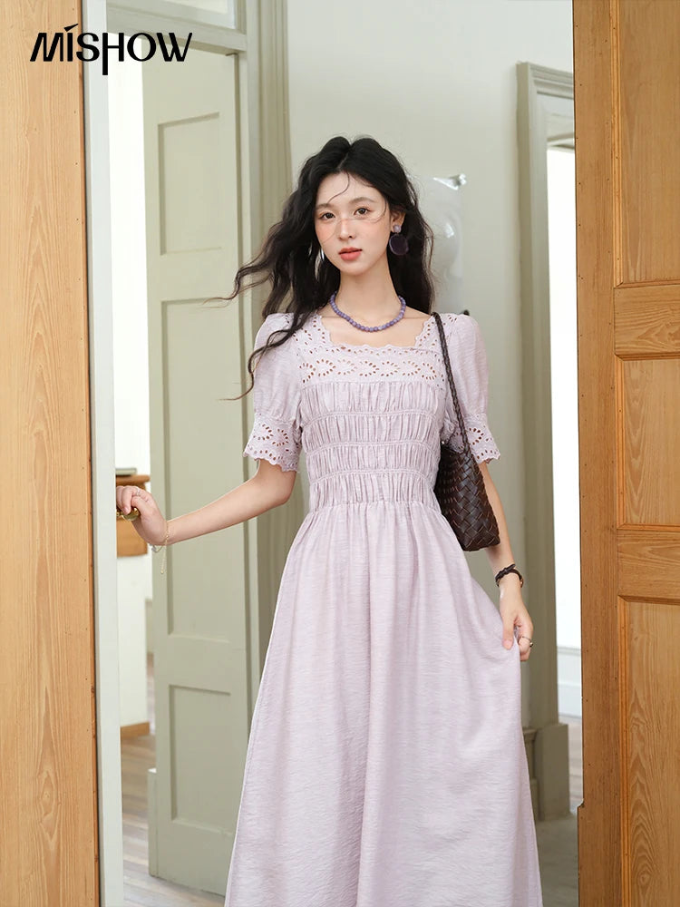 MISHOW Puff Sleeve Dress for Women 2025 Summer New Square Neck Fashion Lace Hollow Purple Dresses Female Clothing MXE39L2406