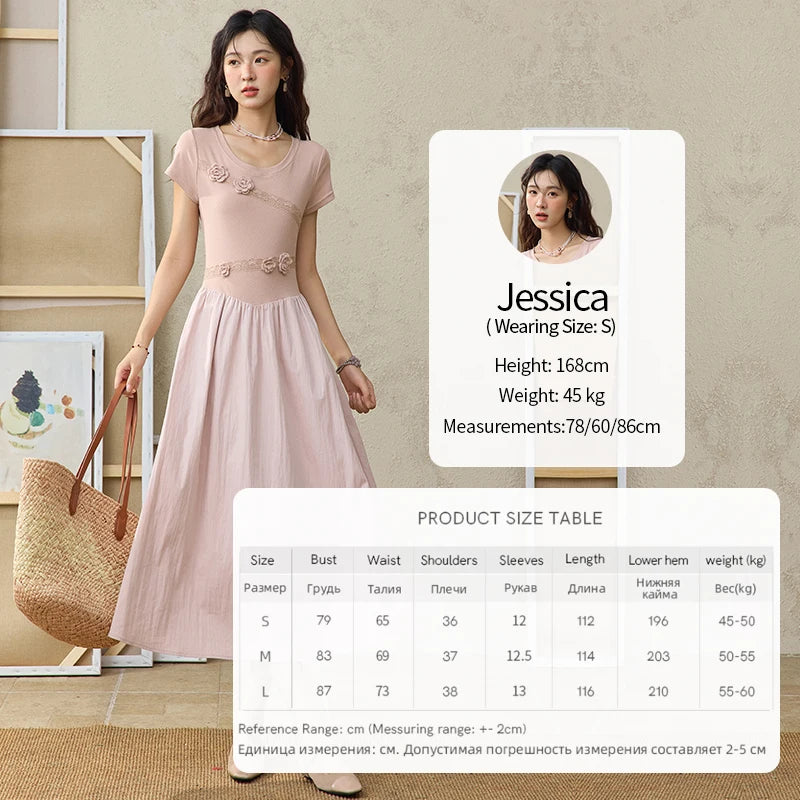 MISHOW Woven Patchwork Knitted Dress Female Summer 2025 French Waist Slim Long Dress Pink Round Neck Elegnat Dresses MXE36L2247