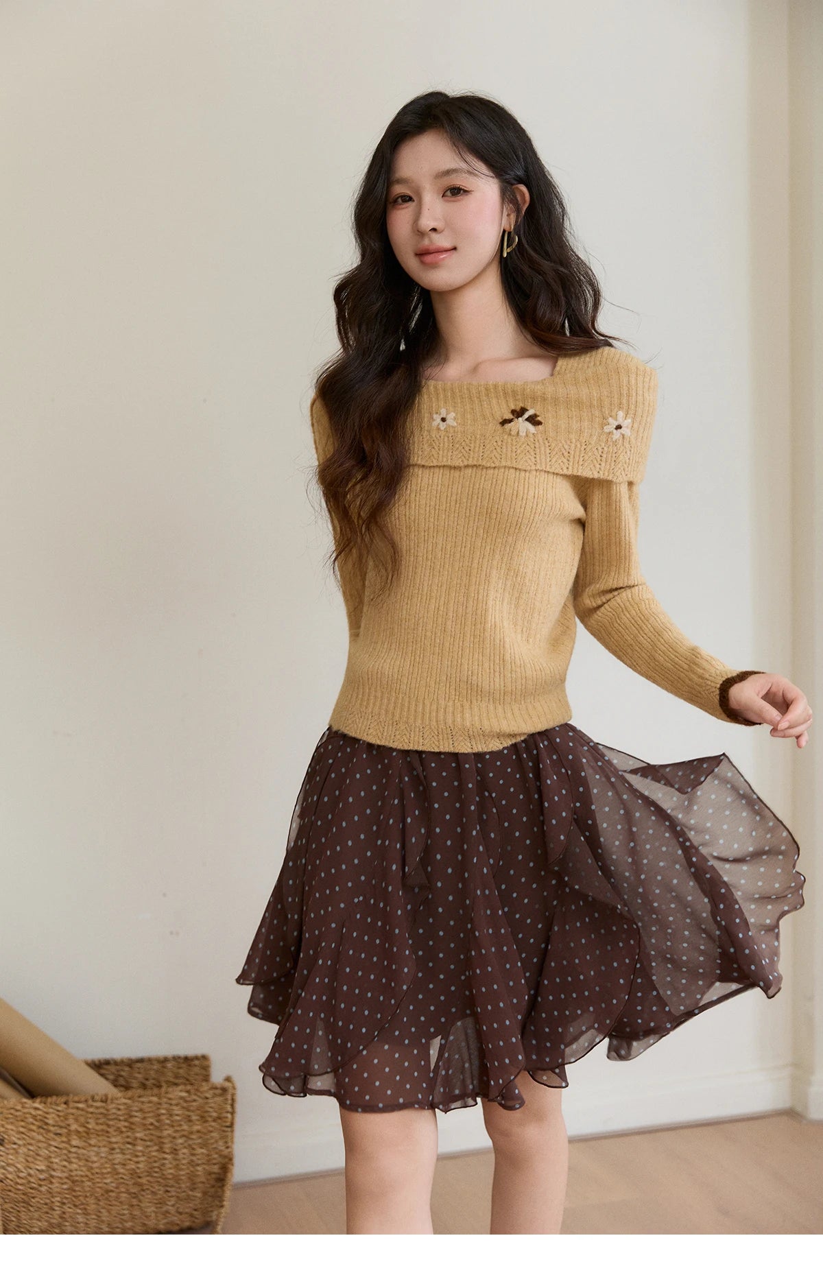 MISHOW Women's Brown Polka Dot Skirt Spring Irregular Ruffled Chiffon Elastic Waist Skirts Casual A-line Mini Skirt MXF13B2476