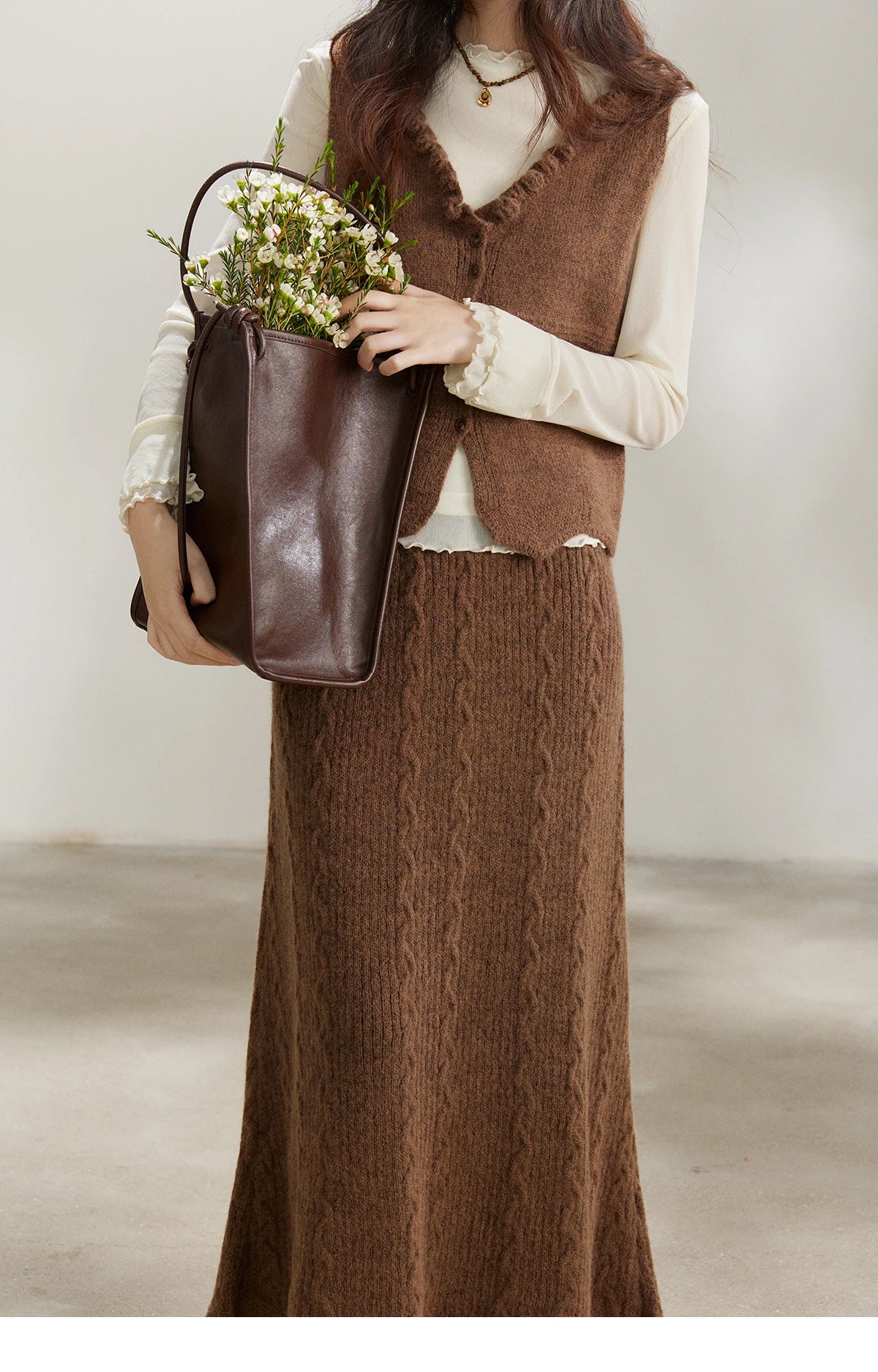 MISHOW Women's Brown Two-Piece Set 2026 Spring Knitted Vest V-Neck Cable Knit Maxi Skirt Casual Retro Warm Outfit MXF11T1460