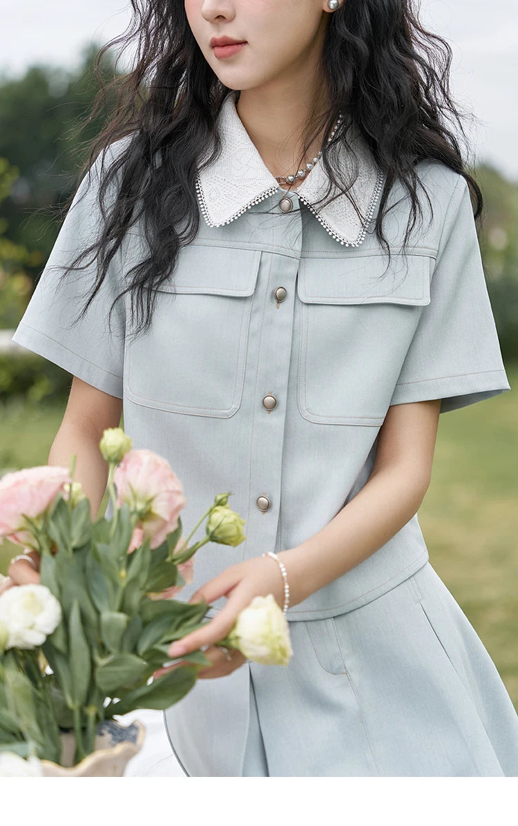 MISHOW French Fragrance Top Pleated Skirt Separately 2024 Lapel Neck Single Breasted Shirt High Waist A-line Skirts MXD24C0201