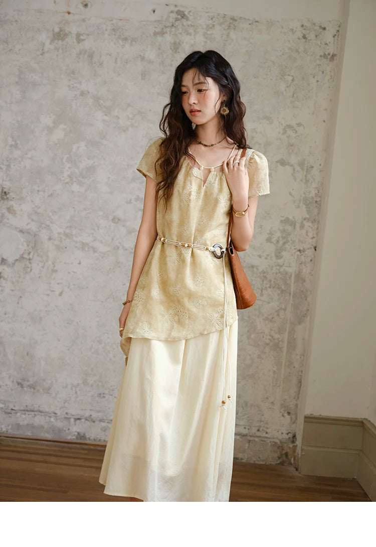 MISHOW Fashion Butterfly Embroidery Dress 2025 Summer Splicing Beaded Collar Comes with Retro Belt Dresses MXE36L2250