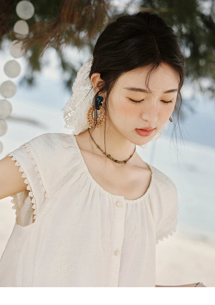 MISHOW Embroidered French Shirt Women Summer 2025 Short Sleeve Round Neck Solid Blouses Female Fashion New Tops Lady MXE33X1744