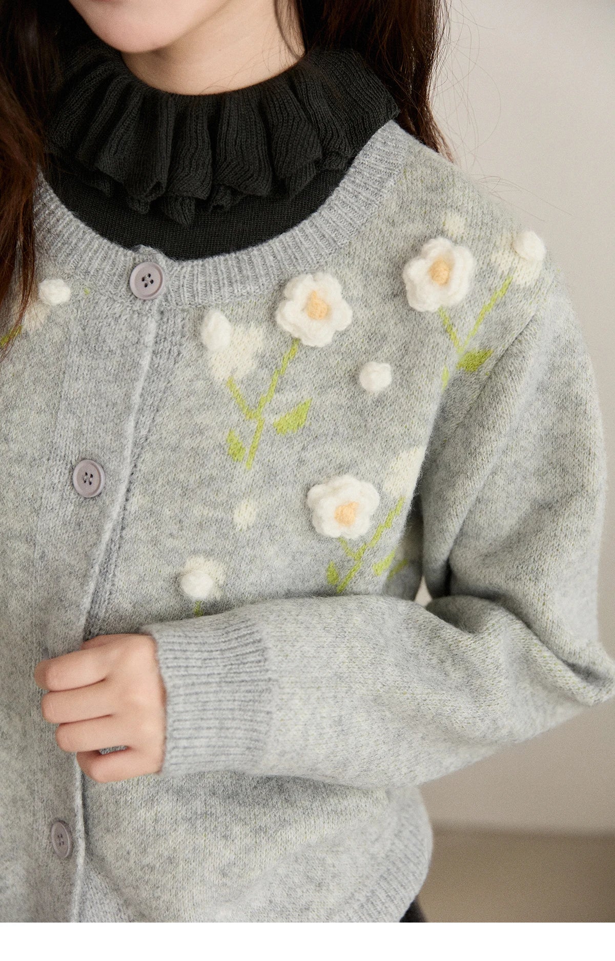 MISHOW Women's Gray Knitted Cardigan 2025 Winter Flower Embroidery Round Collar Single-breasted Warm Slim Sweaters MXE91Z2836