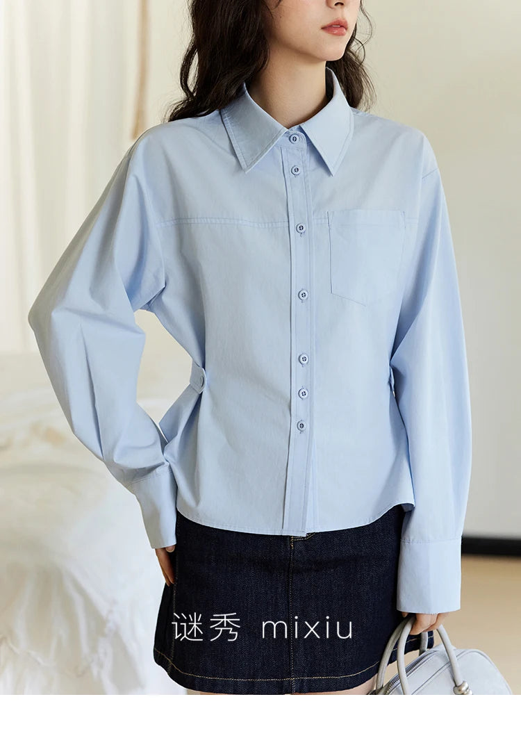 MISHOW Women's French Blue Shirt Long Sleeve 2025 Spring Polo Collar Waist Pocket Versatile Shirt Single Breasted Top MXE14C0753