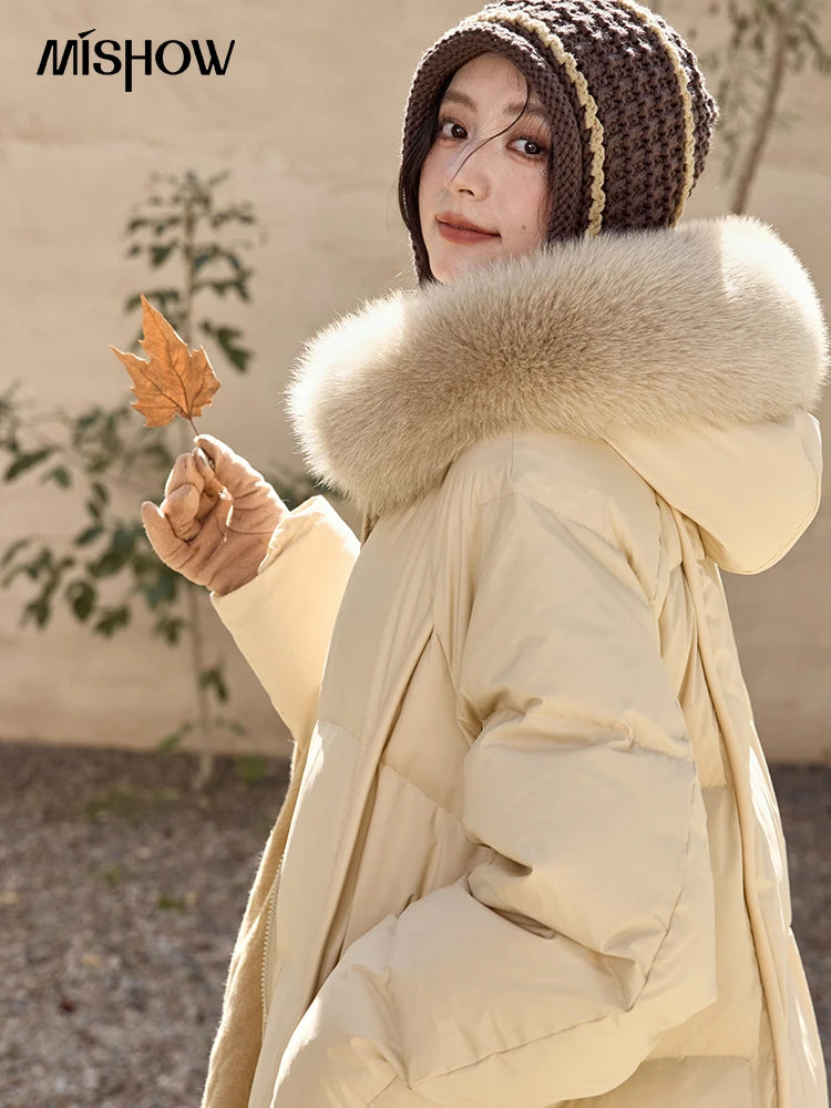 MISHOW White Duck Down Coat Hooded Long Removable Fox Fur Collar Down Jacket Zipper Design Warm Wind Resistance Coat MXD55Y0052
