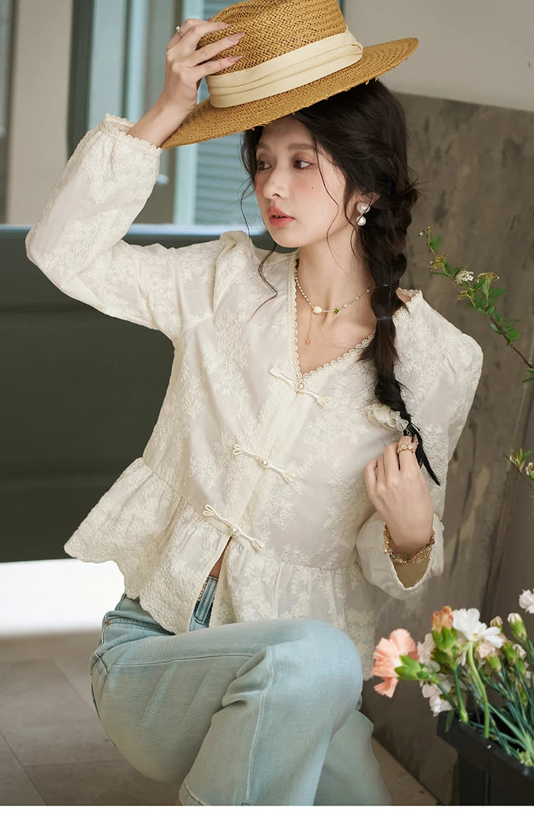 MISHOW Chinese Lace Blouses French Sweet Three-dimensional Embroidery Spring 2024 Button Up V-neck Long Sleeved Top MXD14X1433