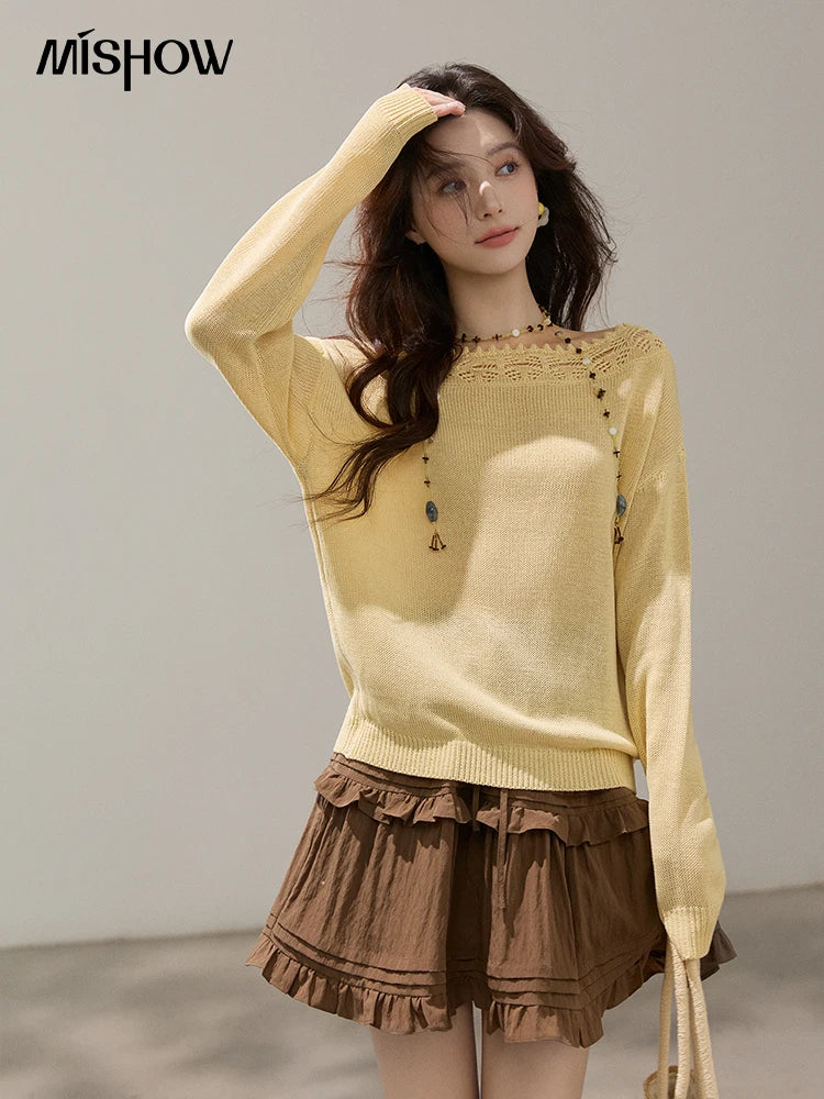 MISHOW Women's Hollowed Out Lace Trim Knit Tops 2026 Spring Boat Neck Long Sleeve Knitwear Casual Soft Yellow Sweater MXF15Z3050