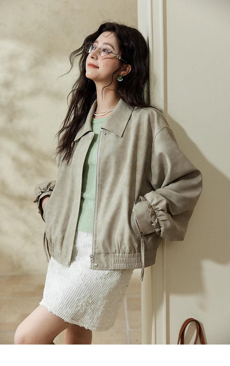 MISHOW Minimalist Short Jacket for Women Spring 2025 Casual Lapel Jacket Zipper Elastic Hem Solid Coats Streetwear MXE13W0715