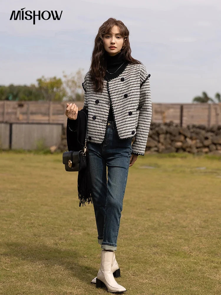 MISHOW Elegant Plaid Wool Blend Short Coat for Women 2024 Autumn Winter Jackets Female Warm Fashion New Outerwears MXB42W0479