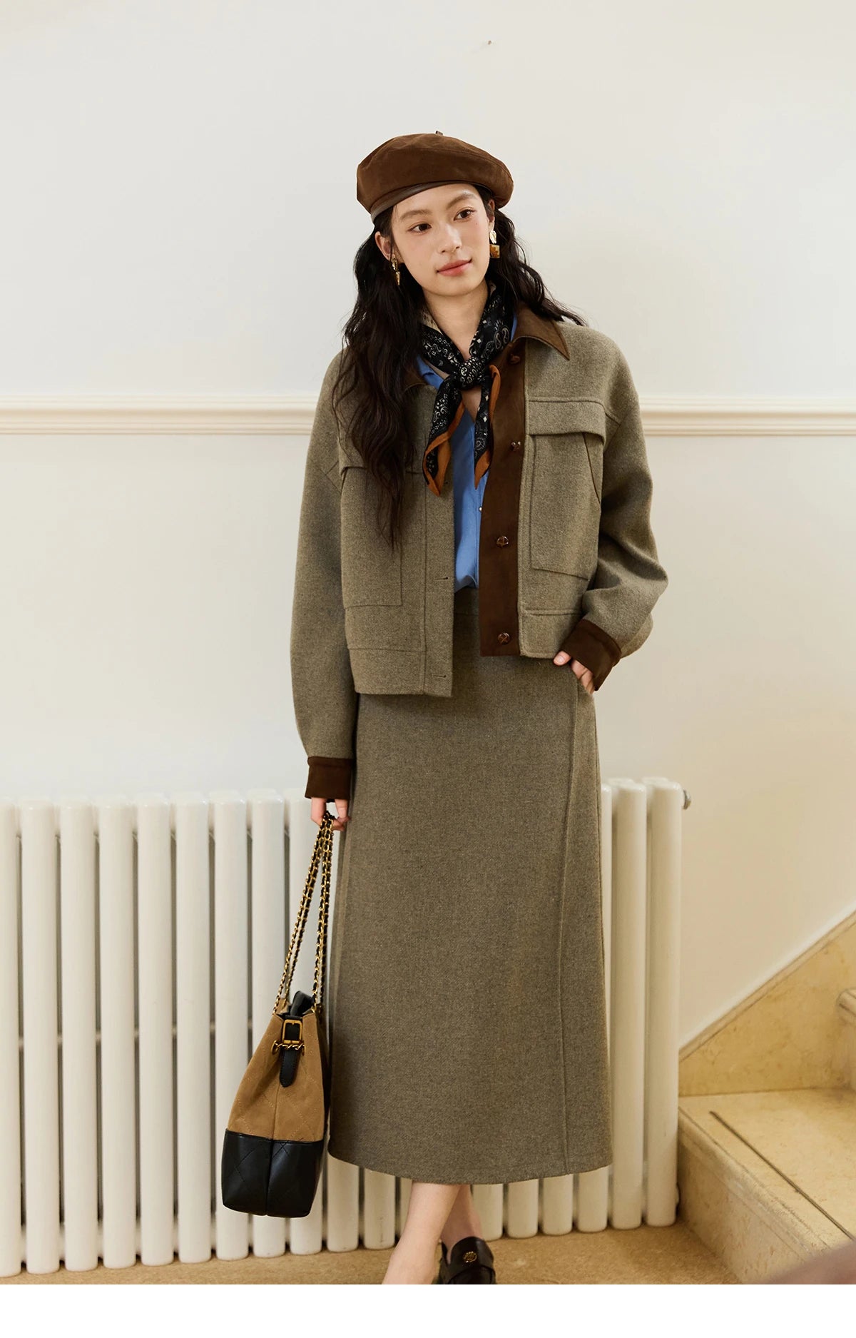 MISHOW Women's Wool A-line Skirt 2025 Autumn Winter Retro Suede Woolen Rear Hem Slit Skirt Versatile Waist Skirts MXE46B2426