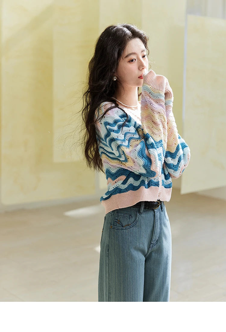 MISHOW Color Stripe Knitted Cardigan Women 2025 Spring V-neck Long Sleeve Loose Cardigans Woman Fashion Office Lady MXE16Z1203