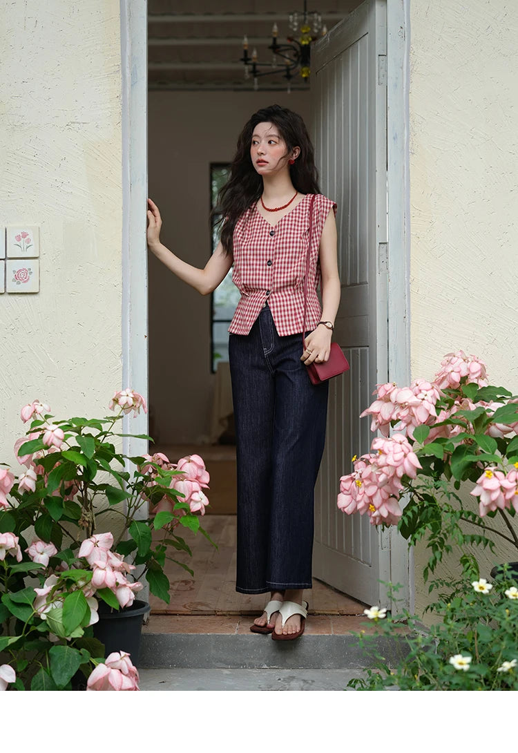 MISHOW Women's Fashion V-neck Shirt 2025 Summer New Plaid Ladies Red Button Shirt Casual Retro Top Female Clothing MXE37X1921