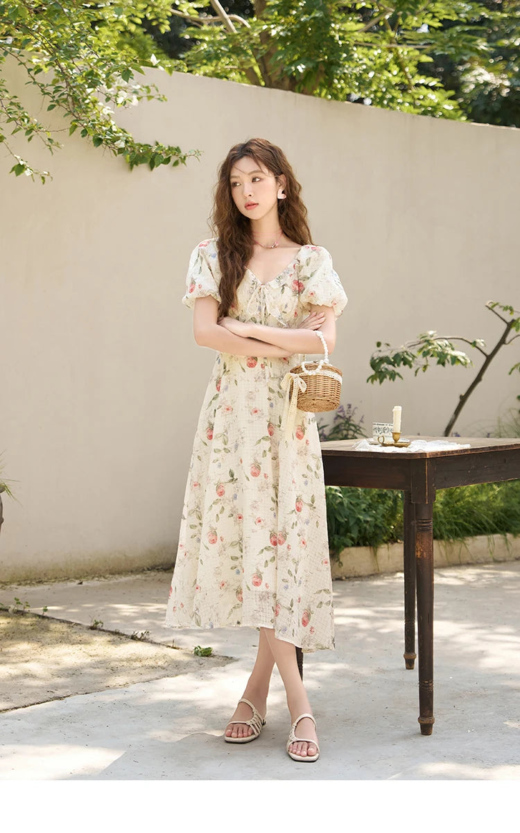 MISHOW Elegant Fairycore Floral Dresses for Women 2023 Summer French A-line Ruffles V-neck Puff Sleeve Sweet Dress MXC33L1465