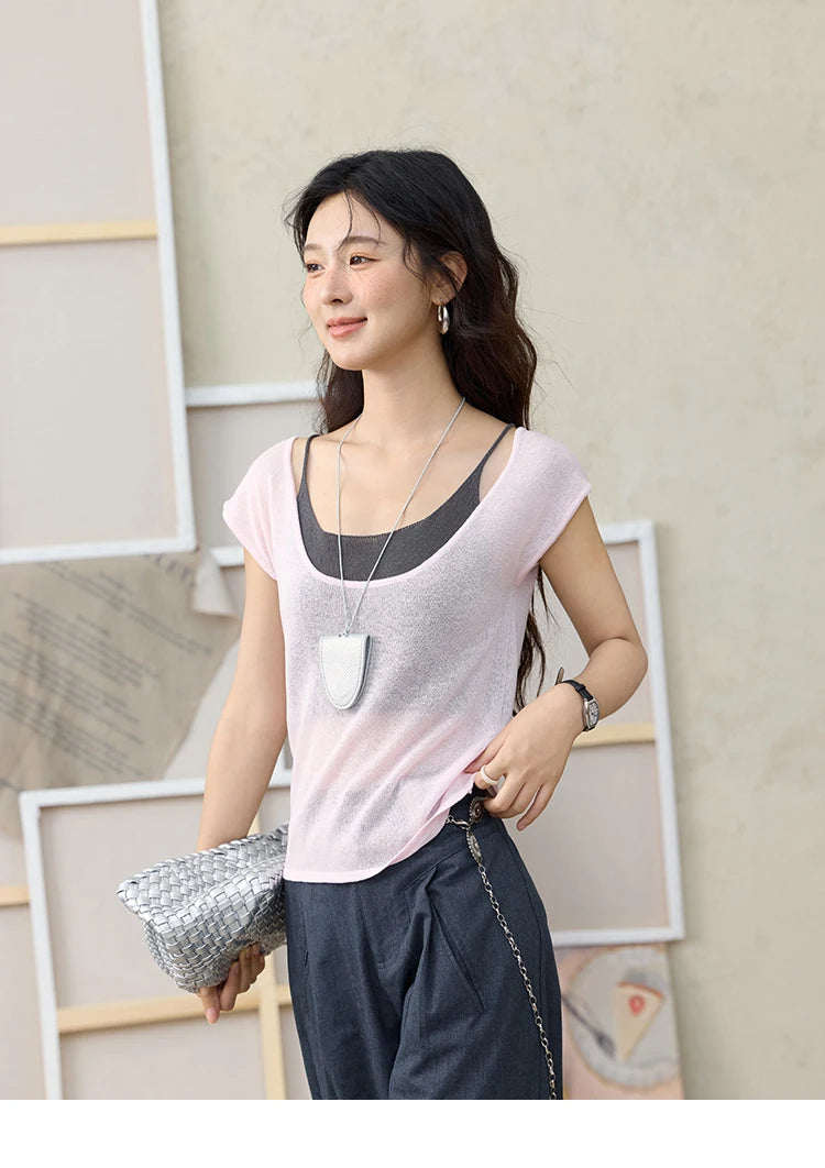 MISHOW Women's Linen Short Sleeve T-shirt 2025 Summer Contrast Color Fake Two-piece Knitted Top Thin Cool Casual Tees MXE36Z1277