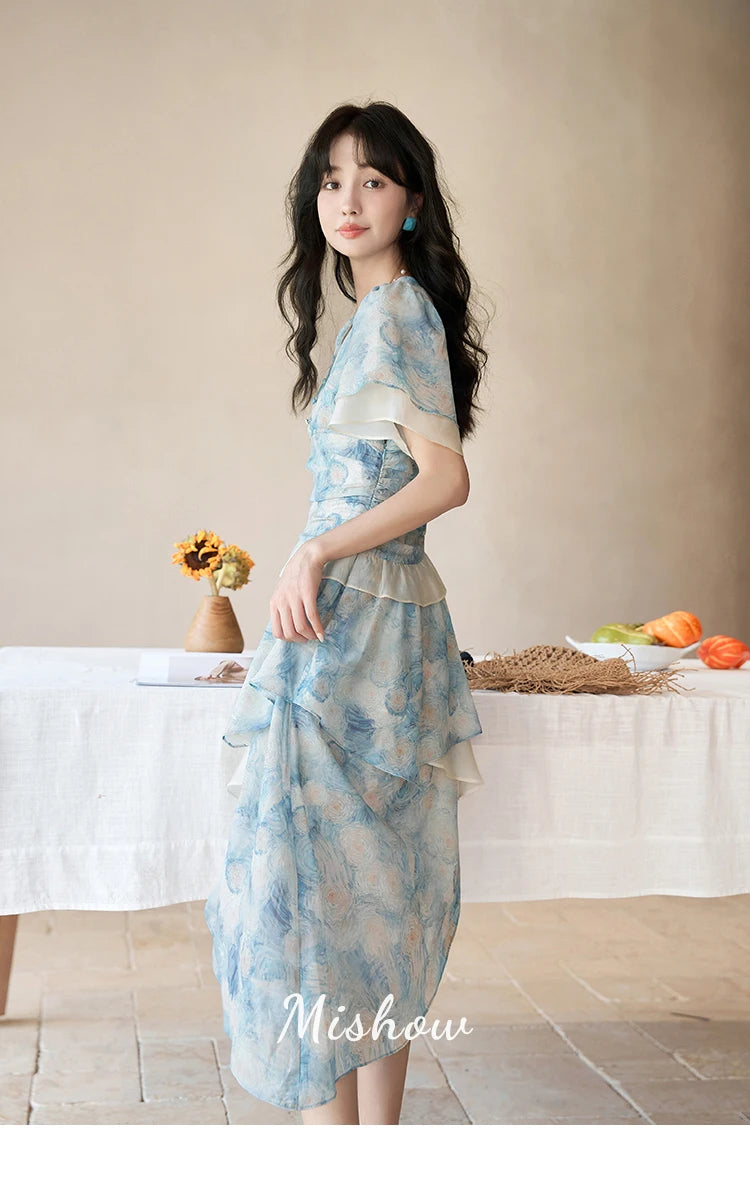 MISHOW [Van Gogh Collection] Fairycore Dresses 2025 Summer Double Layer Sleeves Asymmetrical V-Neck Printing Dress MXC39L1527