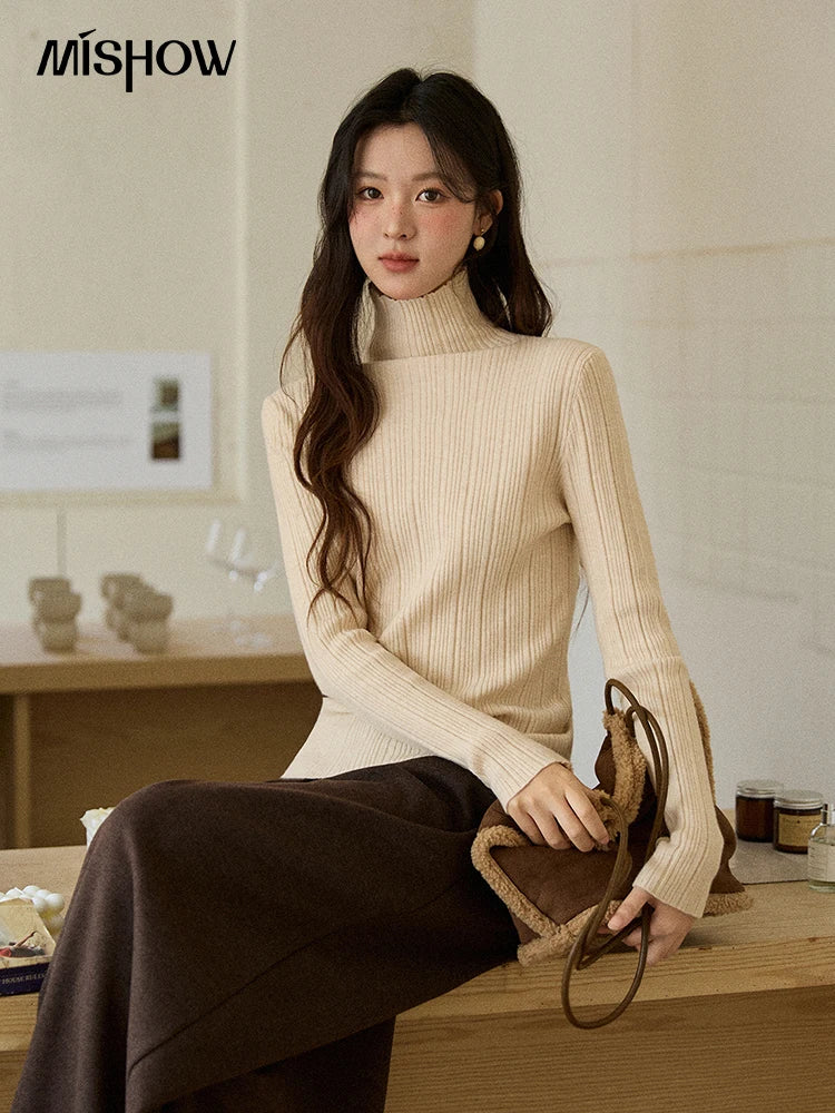MISHOW Women's Long-sleeved Tops 2025 Winter Simple Solid Turtleneck Sweater Vertical Ribbed Slim Fit Casual Top MXE86Z2656