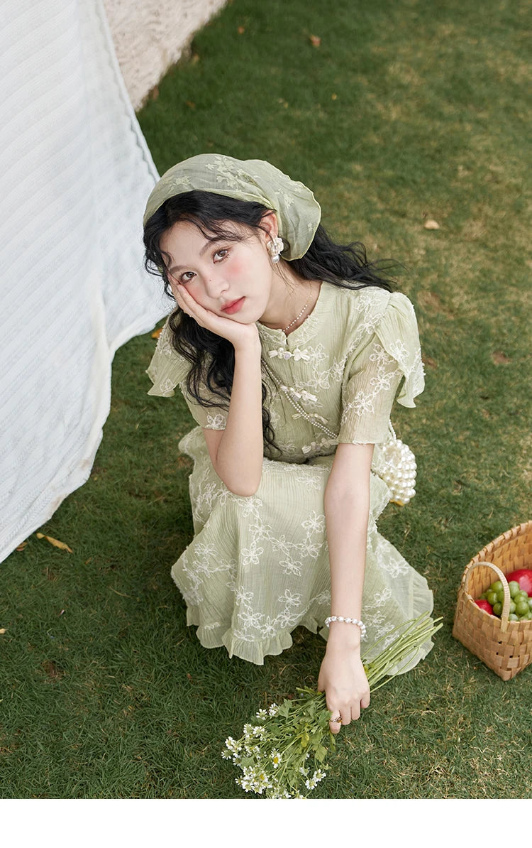 MISHOW Chinese Green Stand Collar Lotus Leaf Overlapping Sleeve Top Hem Stringy Selvedge Skirt Separately 2024 Summer MXD22X1388